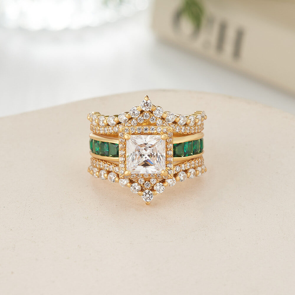 Vintage Princess Cut Diamond White Sterling Silver Yellow Gold Halo Crown Bridal Ring Sets