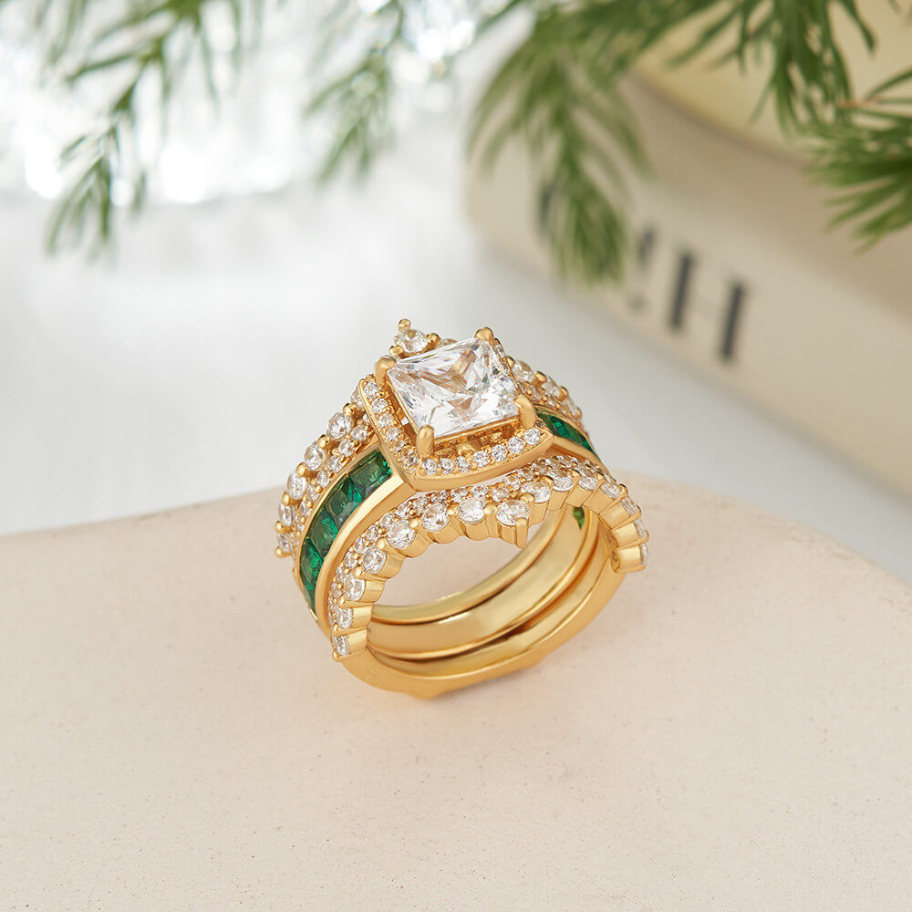 Vintage Princess Cut Diamond White Sterling Silver Yellow Gold Halo Crown Bridal Ring Sets