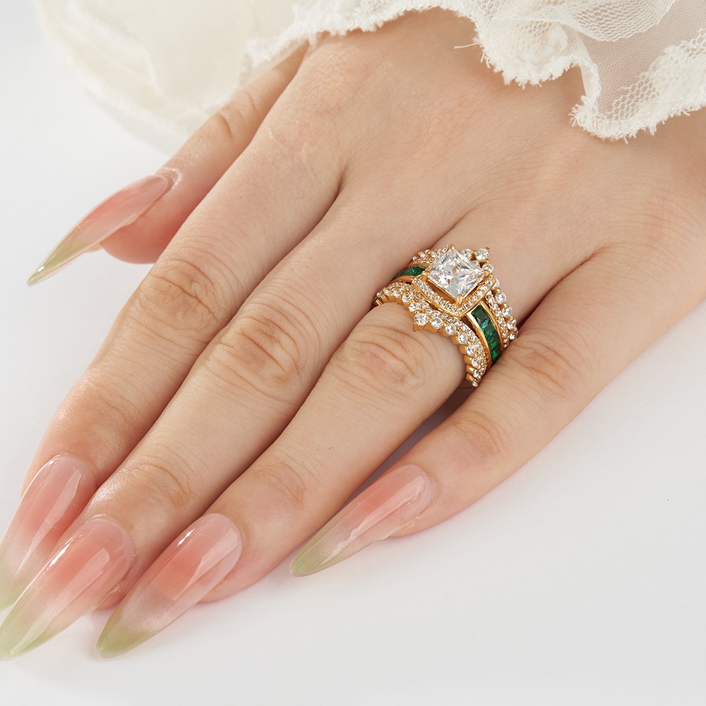 Vintage Princess Cut Diamond White Sterling Silver Yellow Gold Halo Crown Bridal Ring Sets