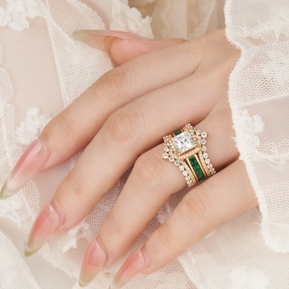 Vintage Princess Cut Diamond White Sterling Silver Yellow Gold Halo Crown Bridal Ring Sets