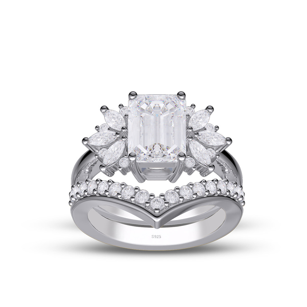 Emerald Cut Diamond White Sterling Silver Bridal Ring Set