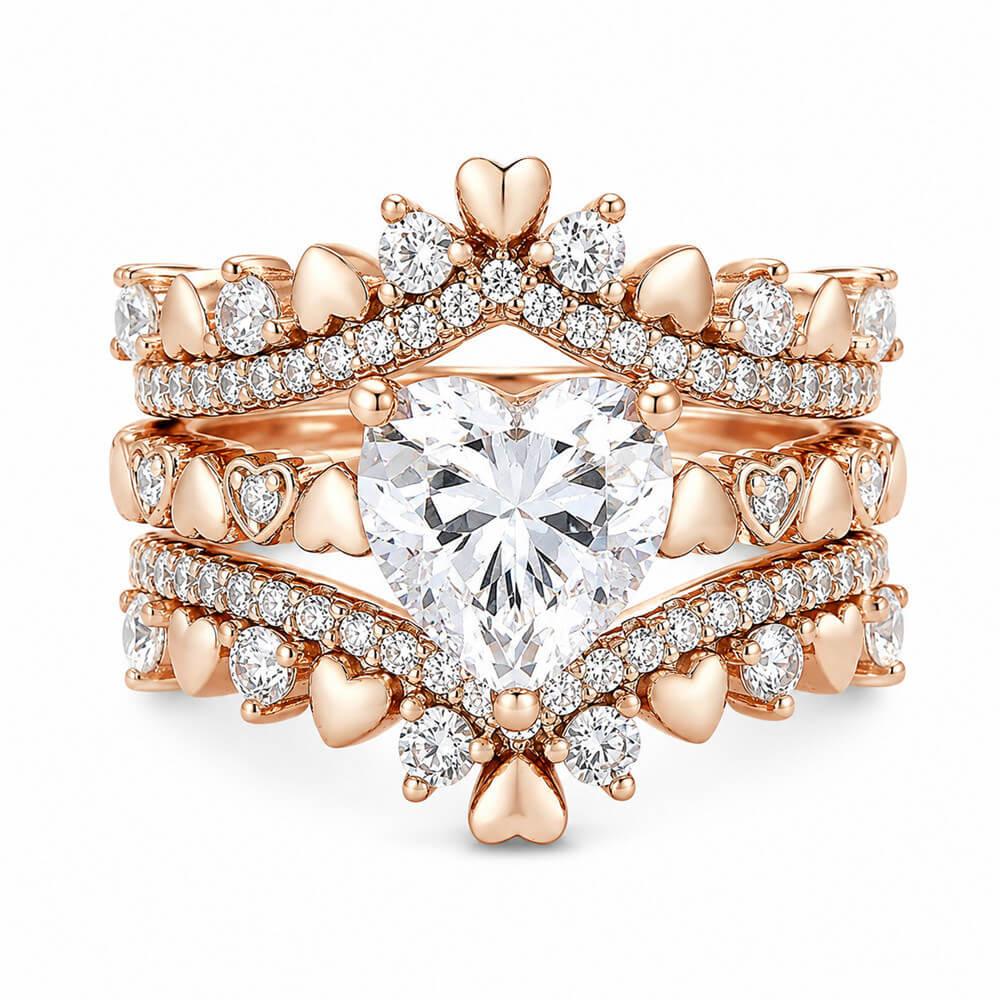 Heart Cut Diamond White Sterling Silver Rose Gold Heart Crown Design Bridal Ring Sets