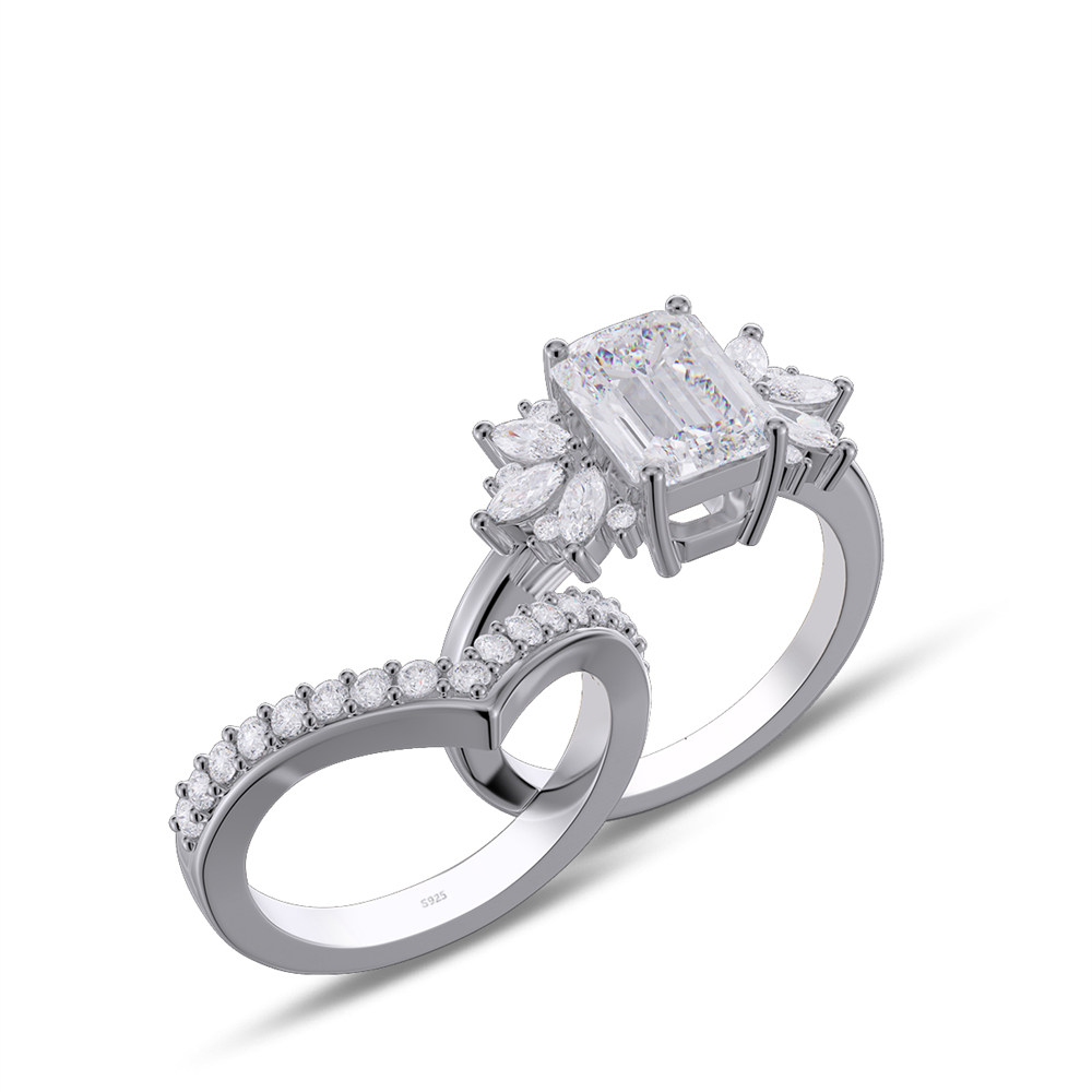Emerald Cut Diamond White Sterling Silver Bridal Ring Set