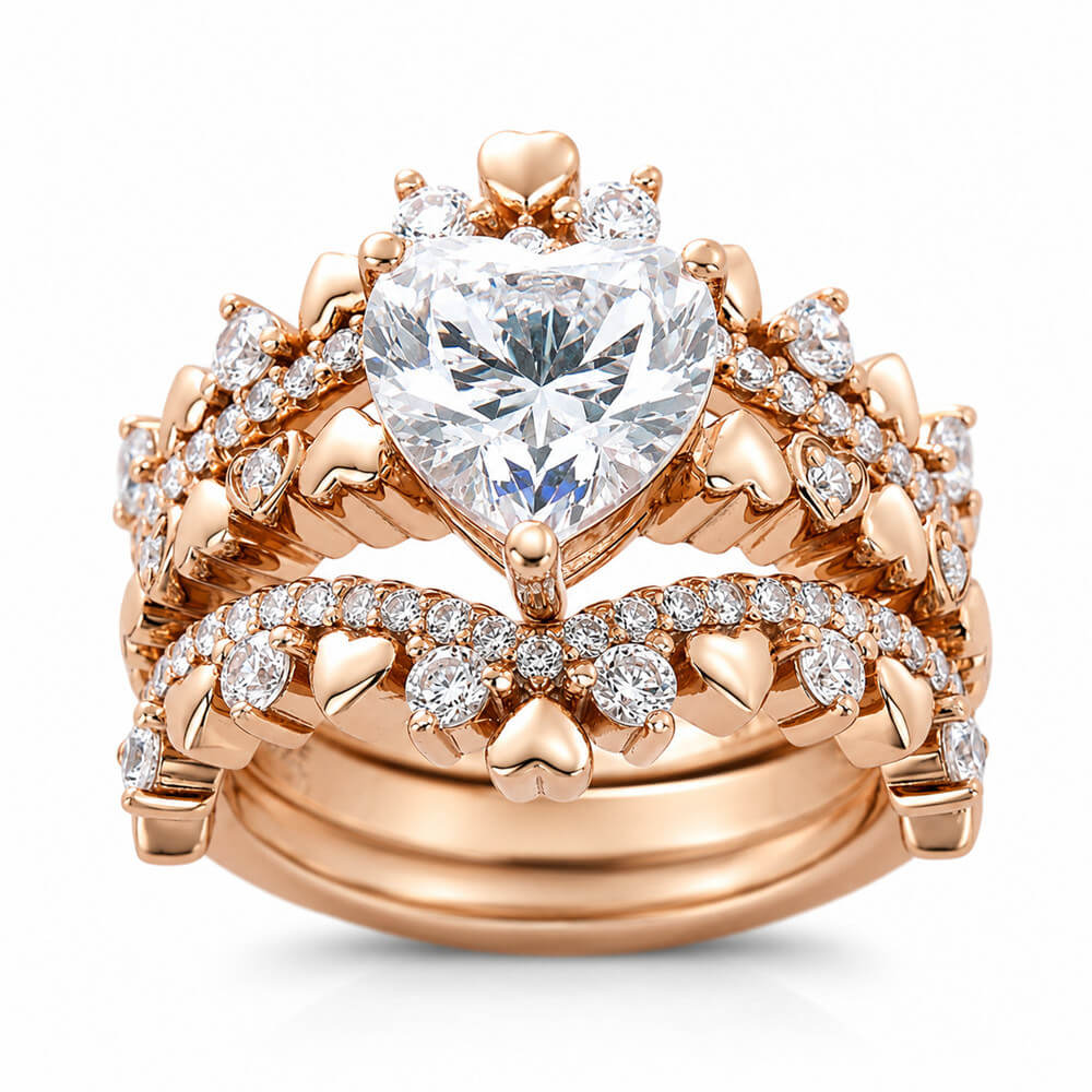 Heart Cut Diamond White Sterling Silver Rose Gold Heart Crown Design Bridal Ring Sets