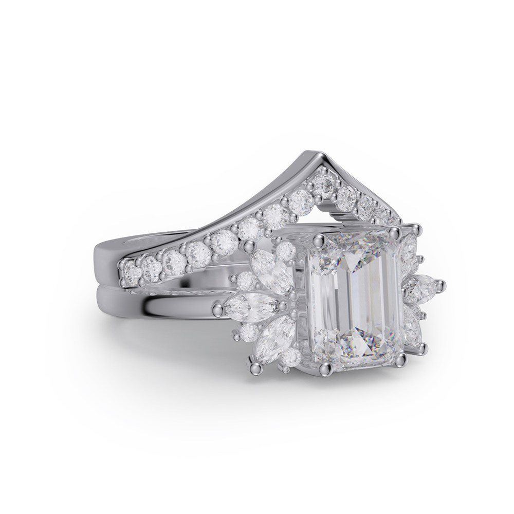 Emerald Cut Diamond White Sterling Silver Bridal Ring Set