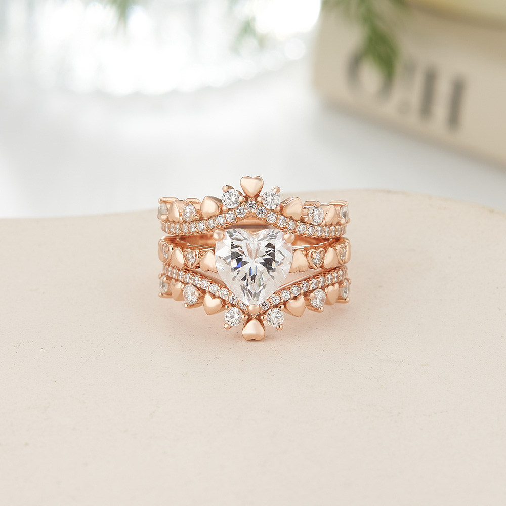 Heart Cut Diamond White Sterling Silver Rose Gold Heart Crown Design Bridal Ring Sets