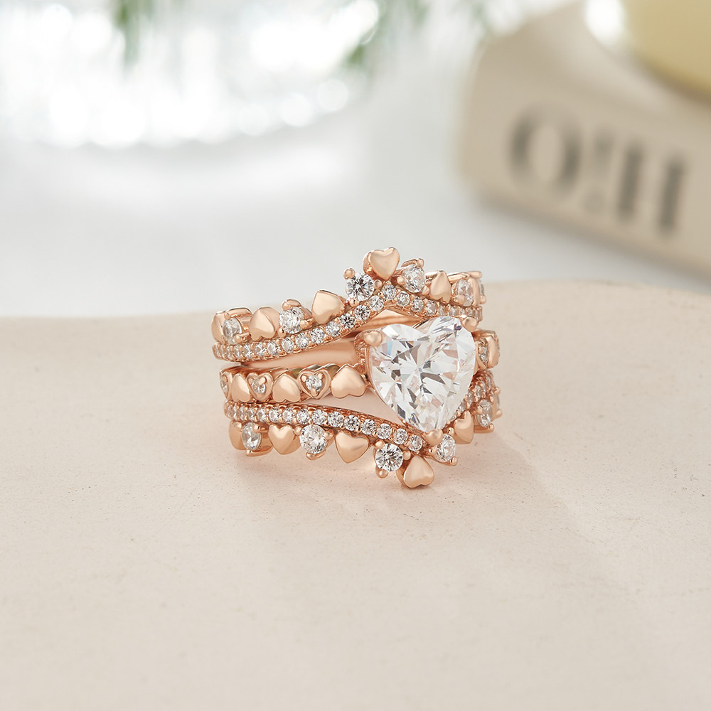 Heart Cut Diamond White Sterling Silver Rose Gold Heart Crown Design Bridal Ring Sets