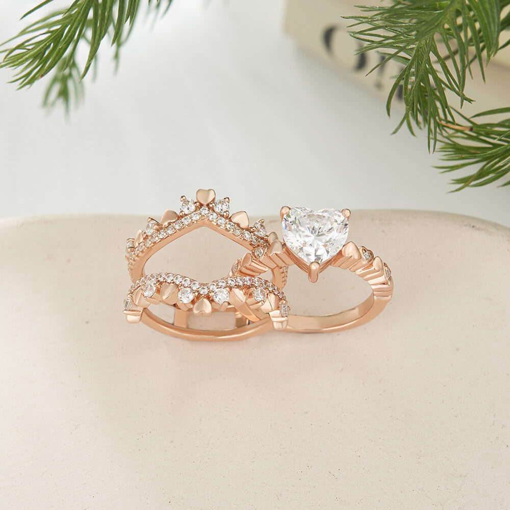 Heart Cut Diamond White Sterling Silver Rose Gold Heart Crown Design Bridal Ring Sets
