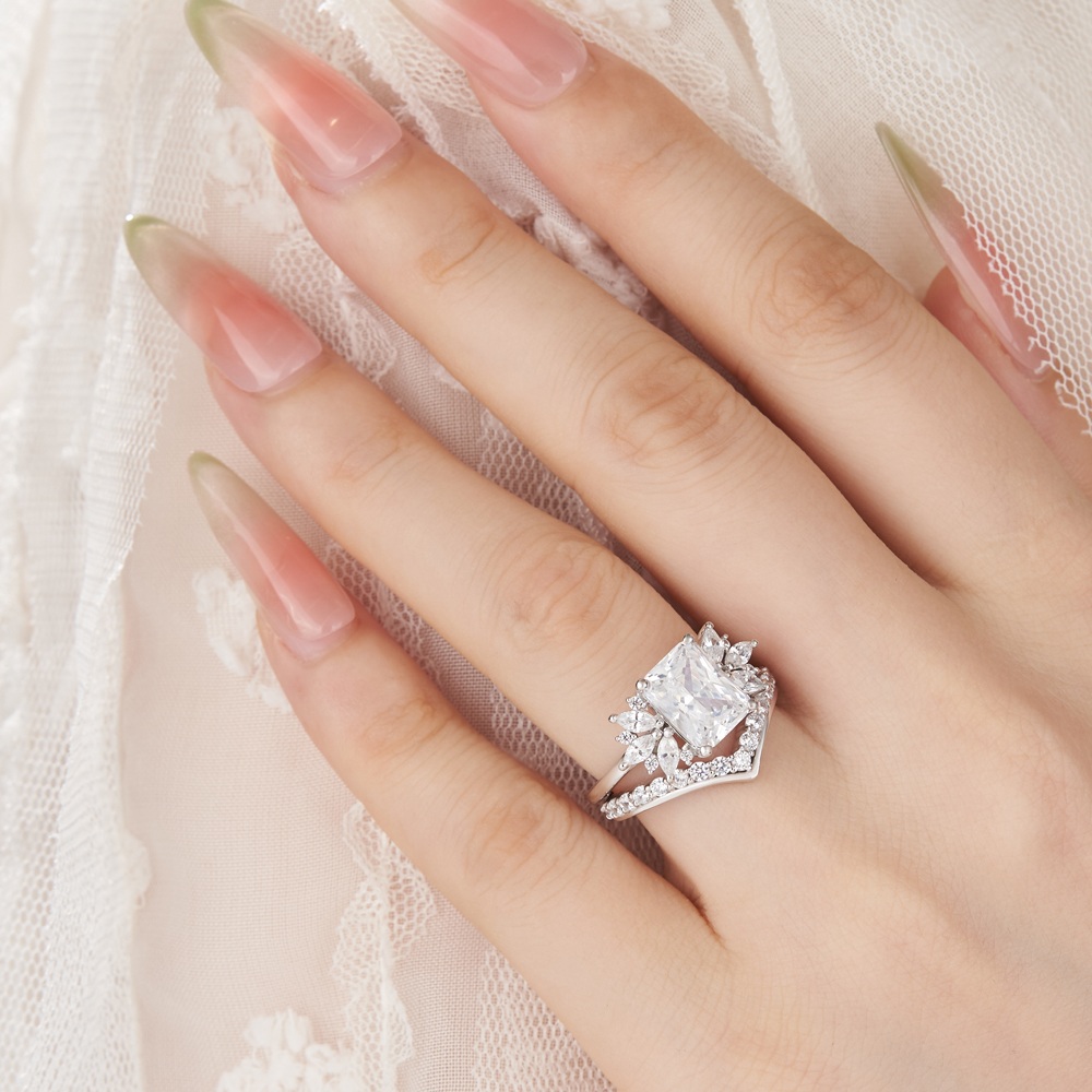 Emerald Cut Diamond White Sterling Silver Bridal Ring Sets