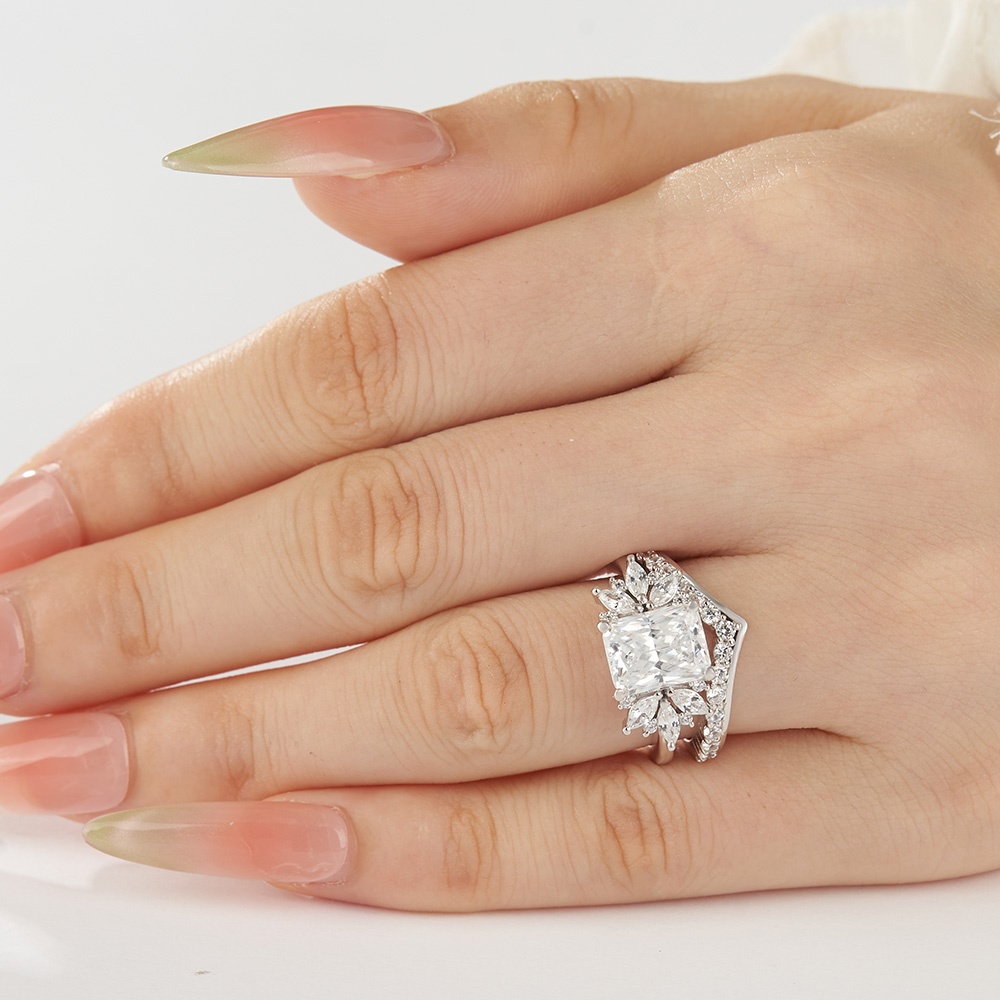 Emerald Cut Diamond White Sterling Silver Bridal Ring Sets