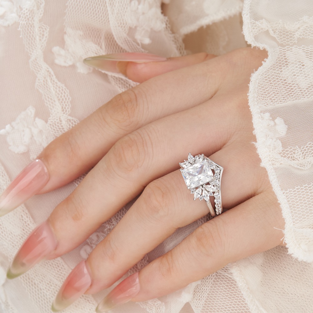 Emerald Cut Diamond White Sterling Silver Bridal Ring Sets