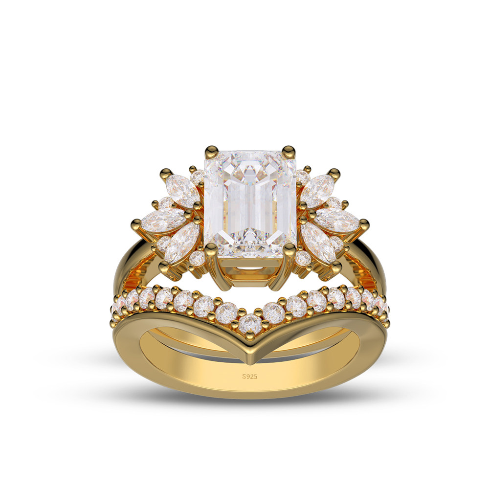 Emerald Cut Diamond White Sterling Silver Bridal Ring Set