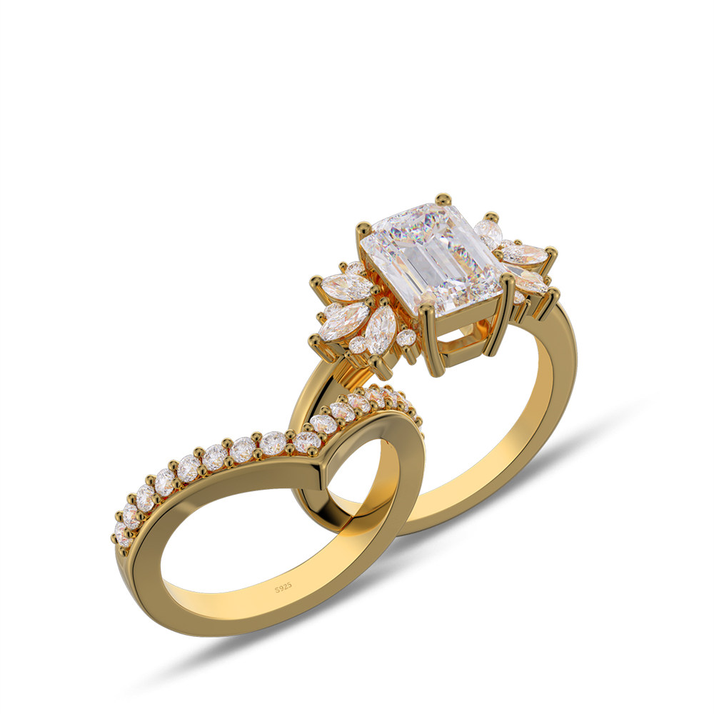 Emerald Cut Diamond White Sterling Silver Bridal Ring Set
