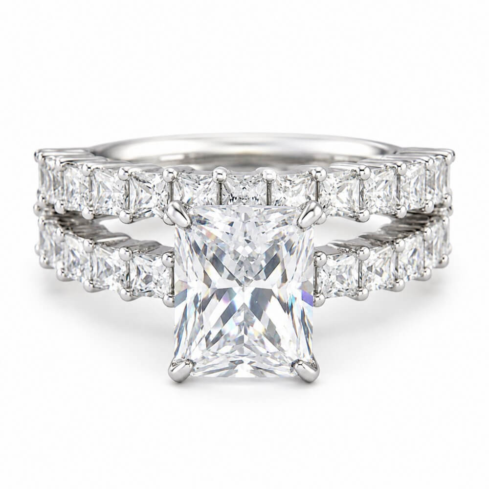 Emerald Cut Diamond White Sterling Silver Bridal Ring Sets