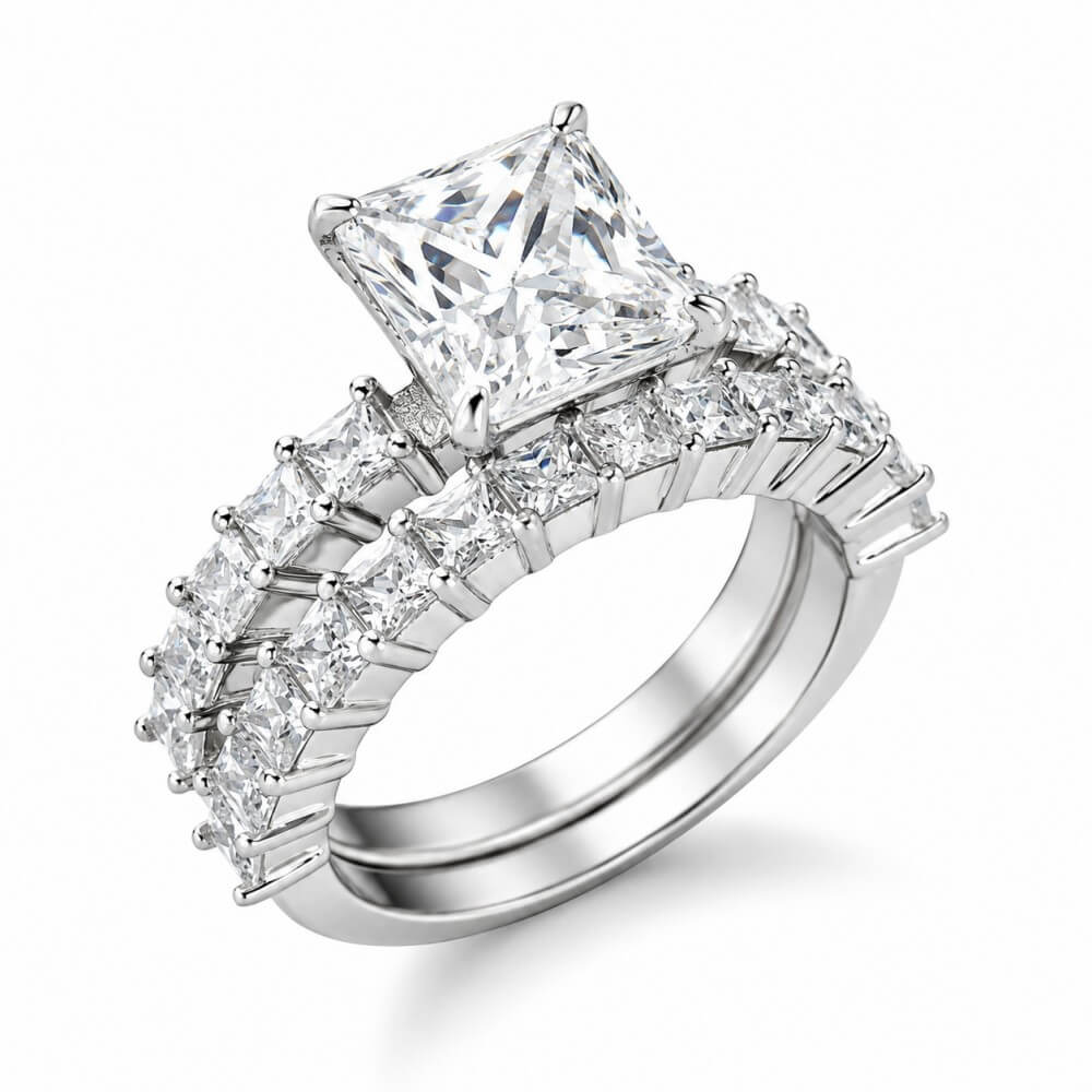 Emerald Cut Diamond White Sterling Silver Bridal Ring Sets