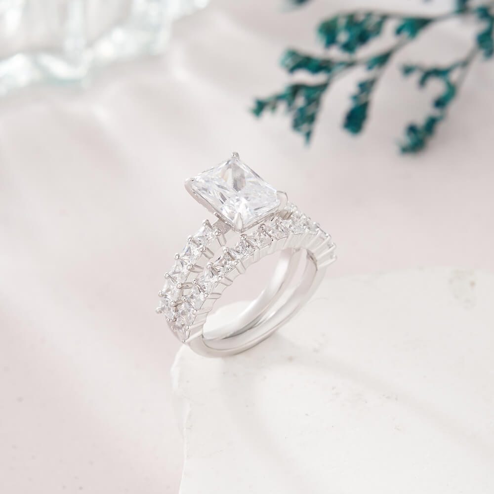 Emerald Cut Diamond White Sterling Silver Bridal Ring Sets