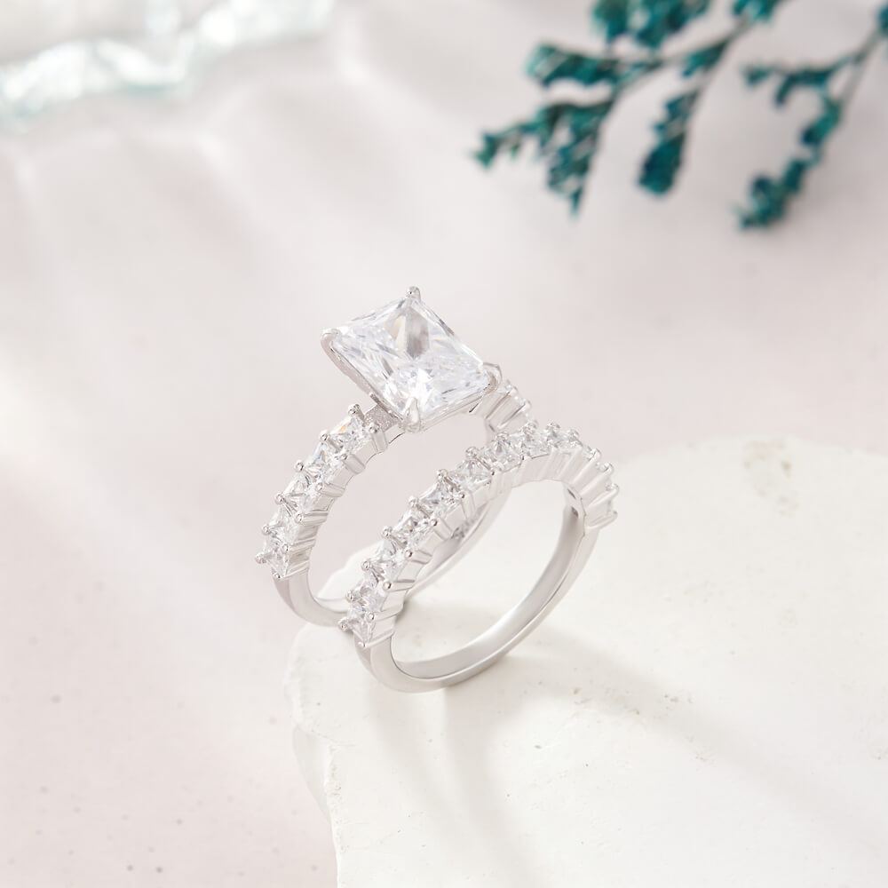 Emerald Cut Diamond White Sterling Silver Bridal Ring Sets
