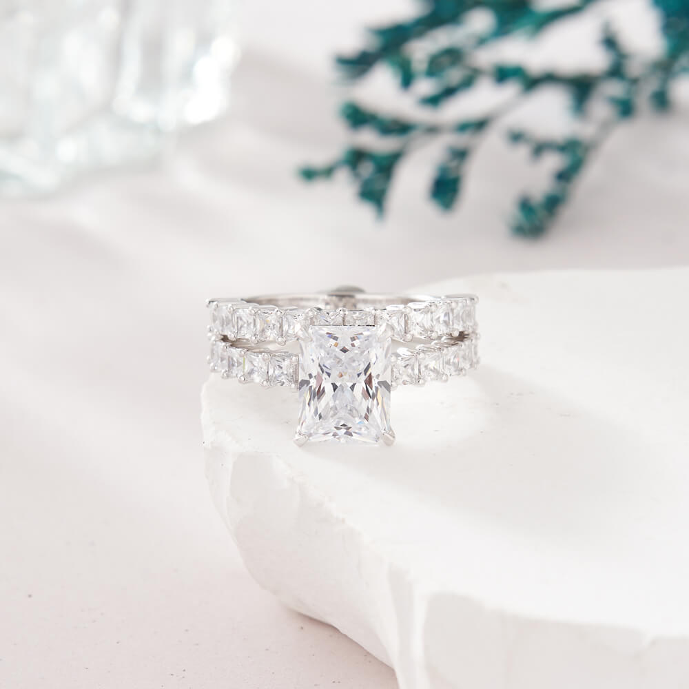 Emerald Cut Diamond White Sterling Silver Bridal Ring Sets