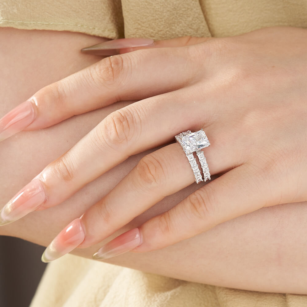 Emerald Cut Diamond White Sterling Silver Bridal Ring Sets