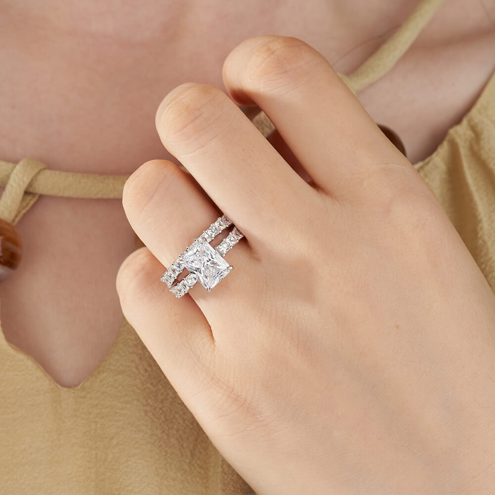 Emerald Cut Diamond White Sterling Silver Bridal Ring Sets