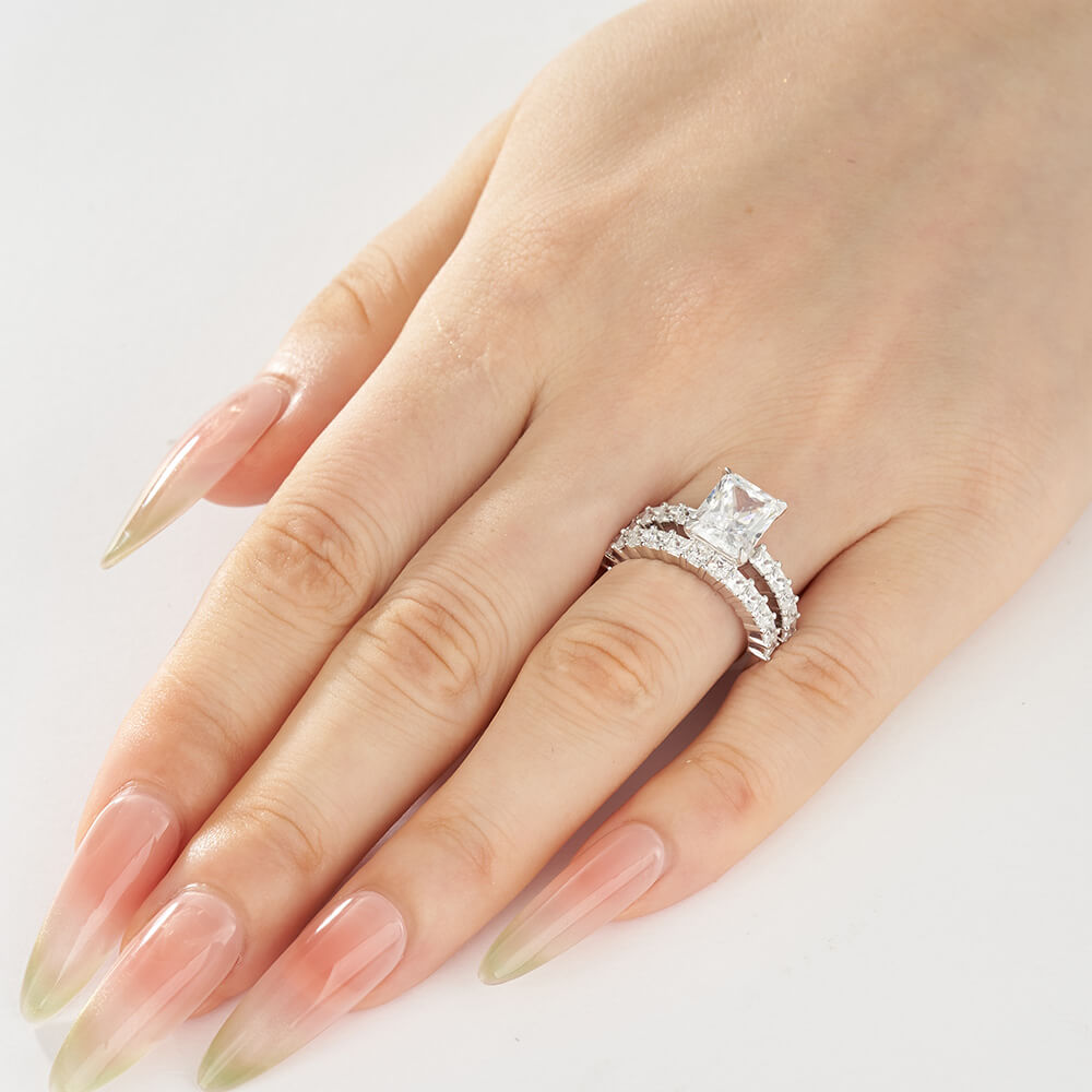 Emerald Cut Diamond White Sterling Silver Bridal Ring Sets
