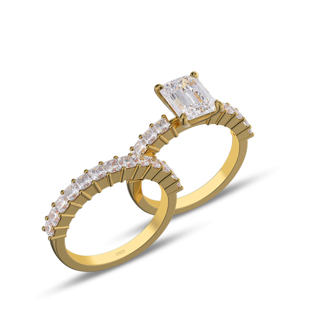 Emerald Cut Diamond White Sterling Silver Bridal Ring Sets
