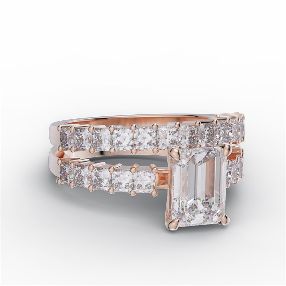 Emerald Cut Diamond White Sterling Silver Bridal Ring Sets