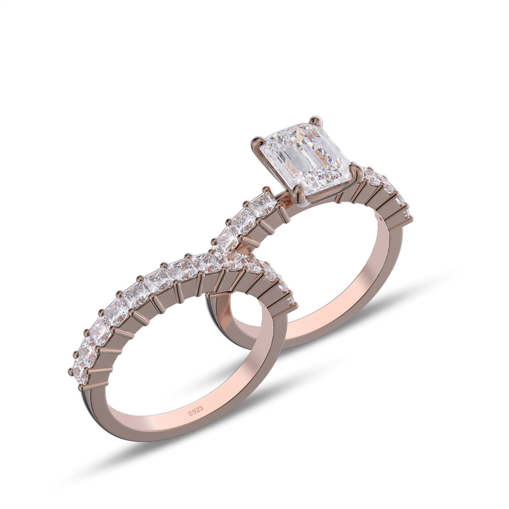 Emerald Cut Diamond White Sterling Silver Bridal Ring Sets