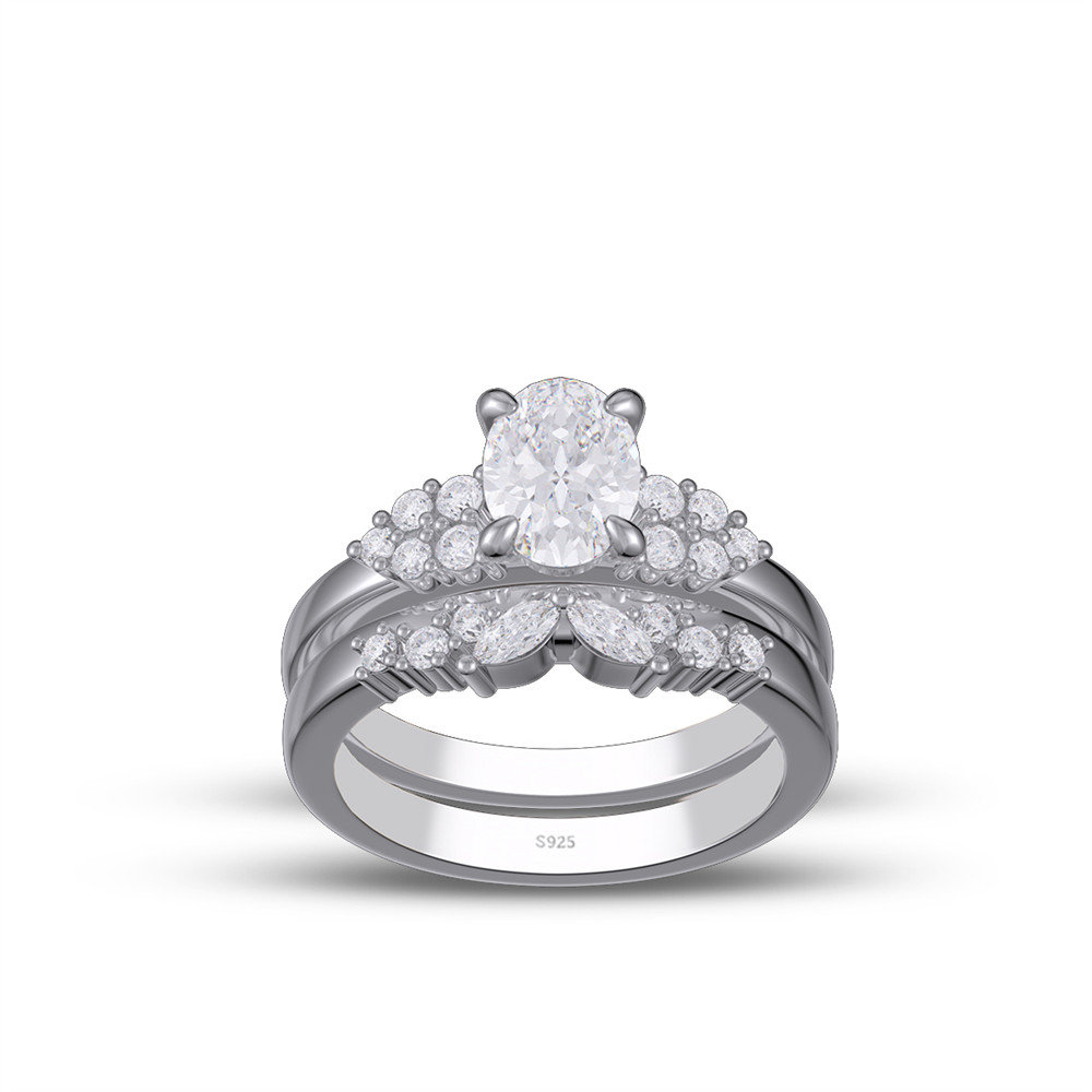 Oval Cut Diamond White Sterling Silver Butterfly Bridal Ring Sets