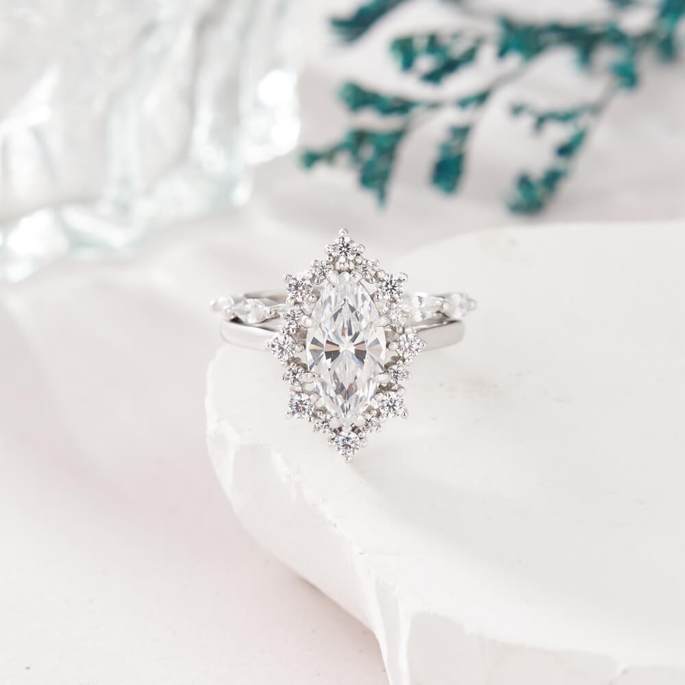 Marquise Cut Diamond White Sterling Silver Halo Bridal Ring Sets