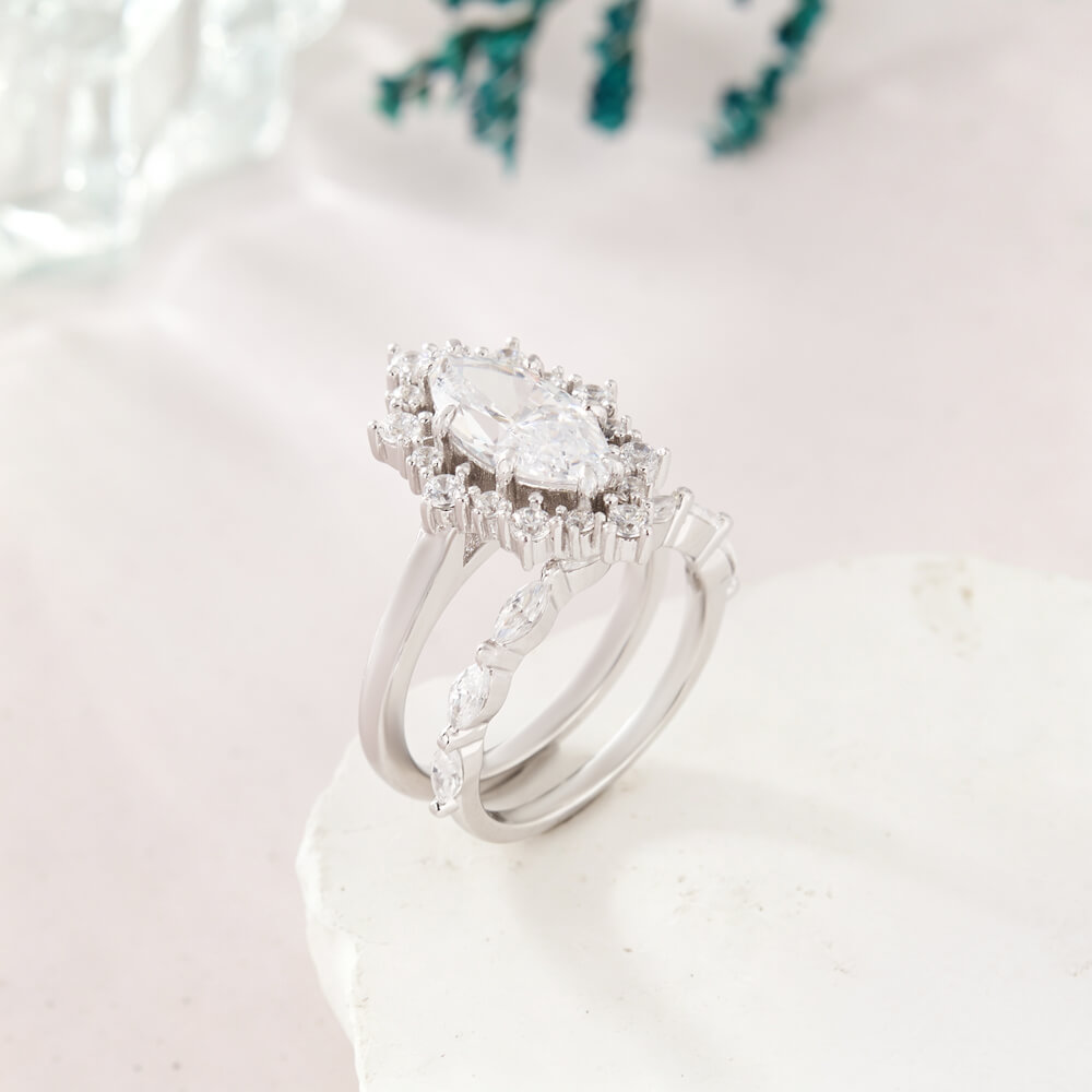 Marquise Cut Diamond White Sterling Silver Halo Bridal Ring Sets