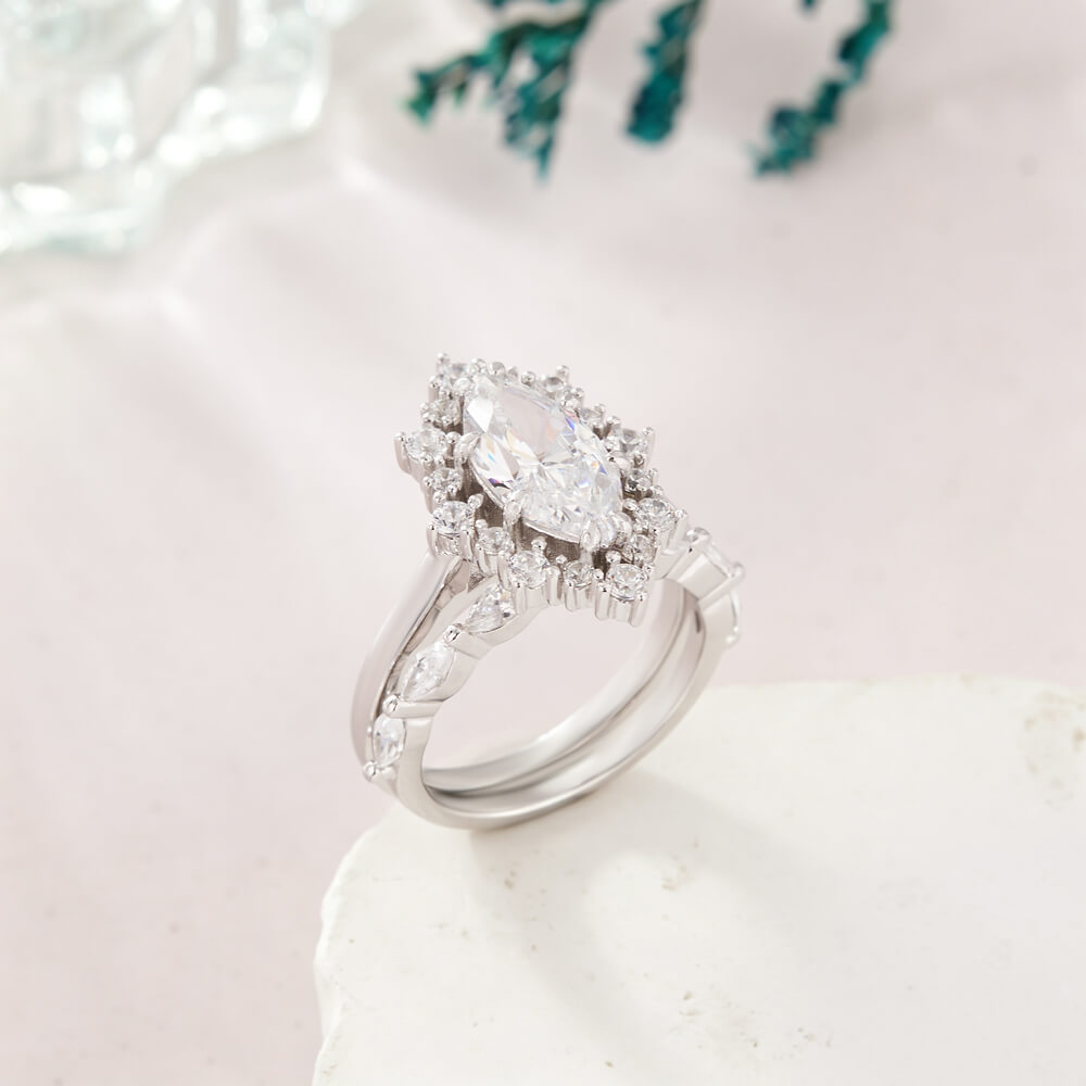 Marquise Cut Diamond White Sterling Silver Halo Bridal Ring Sets