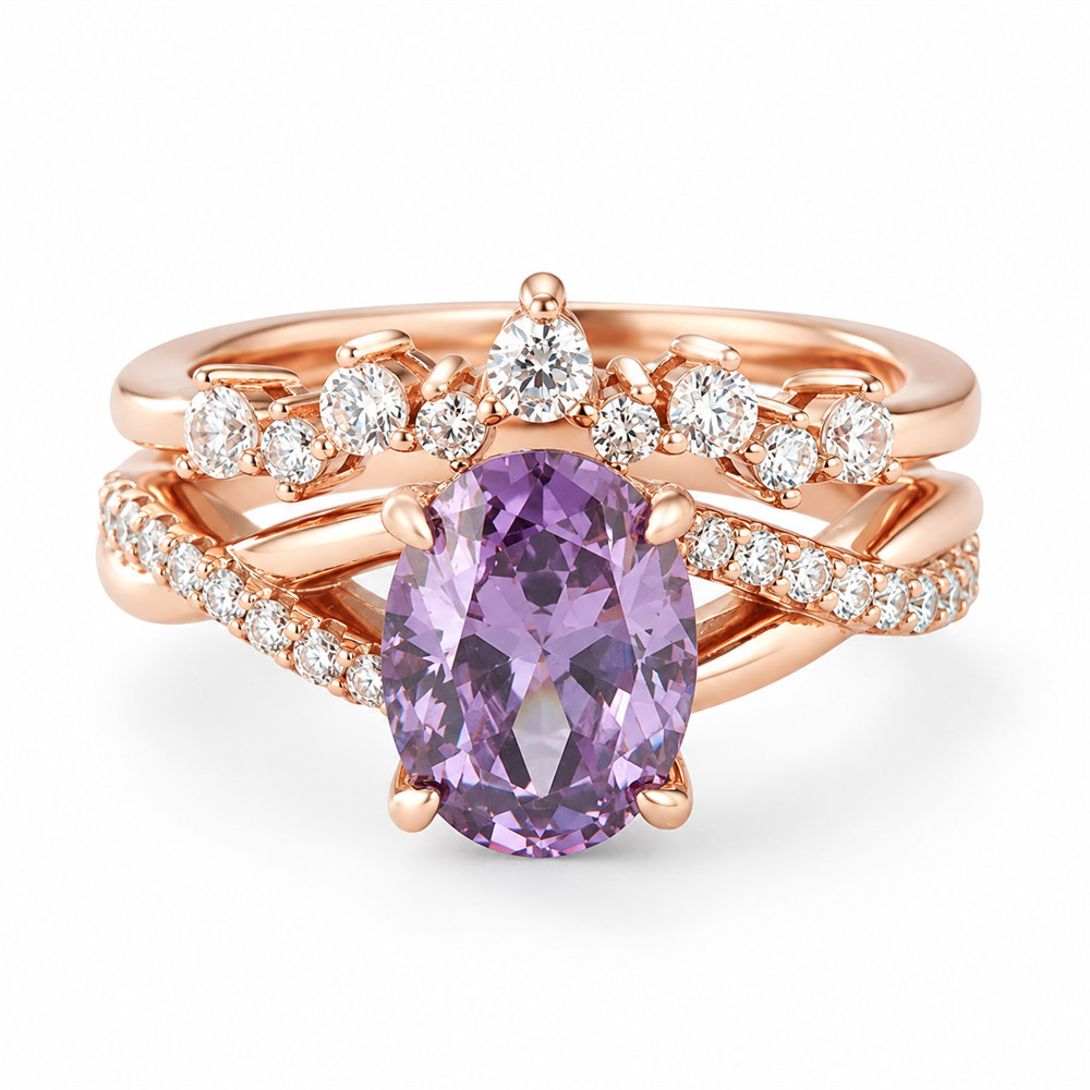 Oval Cut Amethyst Purple Sterling Silver Twisted Bridal Ring Sets