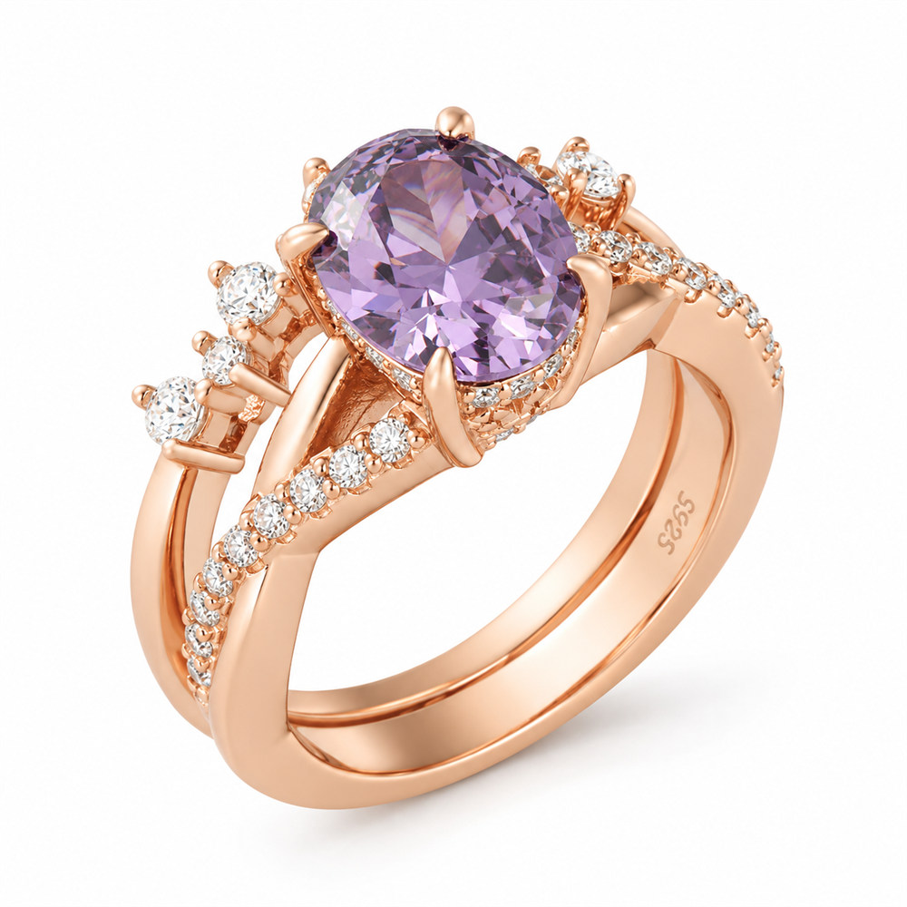 Oval Cut Amethyst Purple Sterling Silver Twisted Bridal Ring Sets