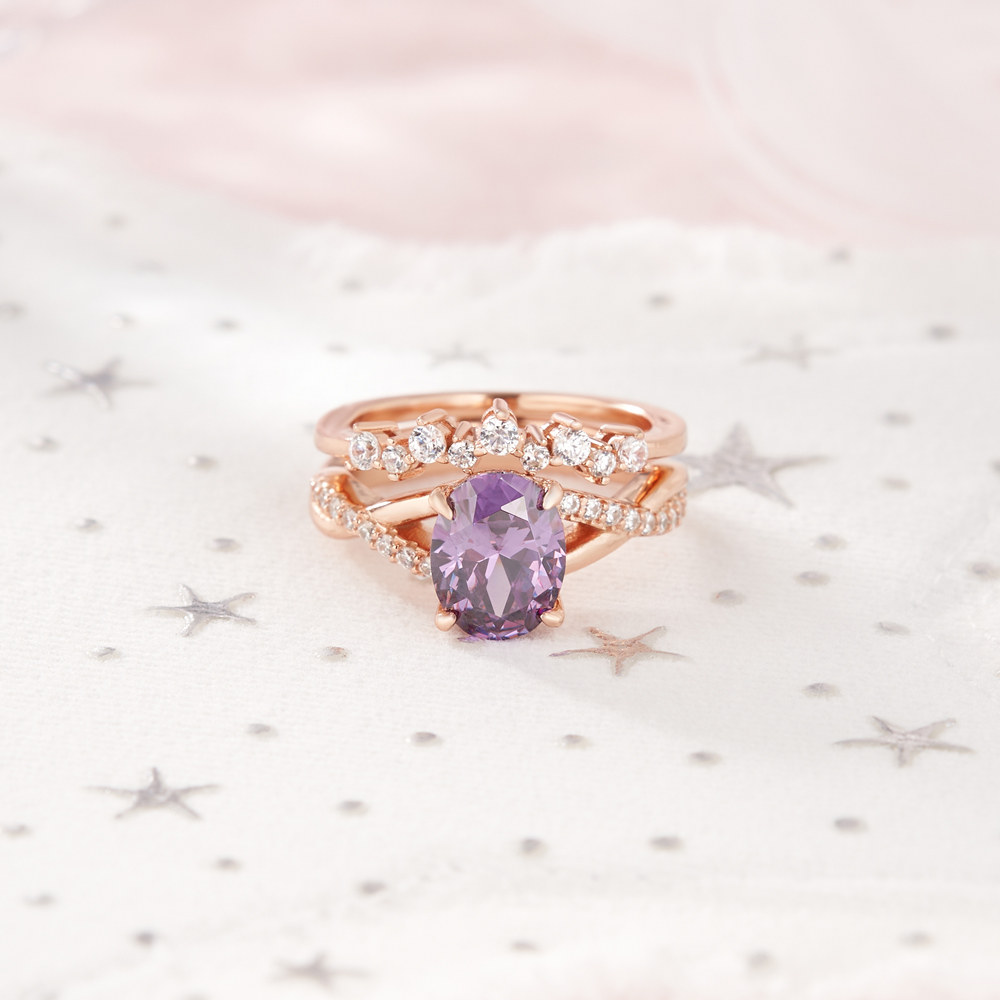 Oval Cut Amethyst Purple Sterling Silver Twisted Bridal Ring Sets