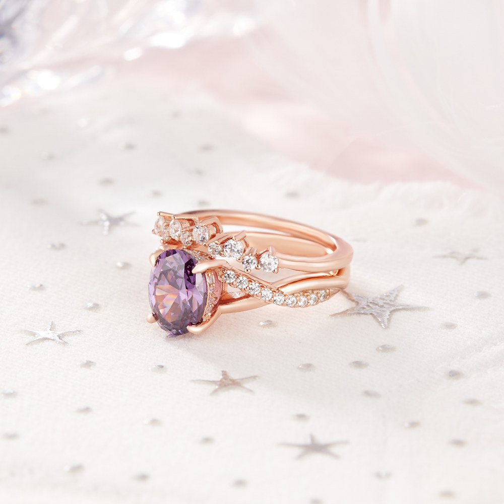 Oval Cut Amethyst Purple Sterling Silver Twisted Bridal Ring Sets