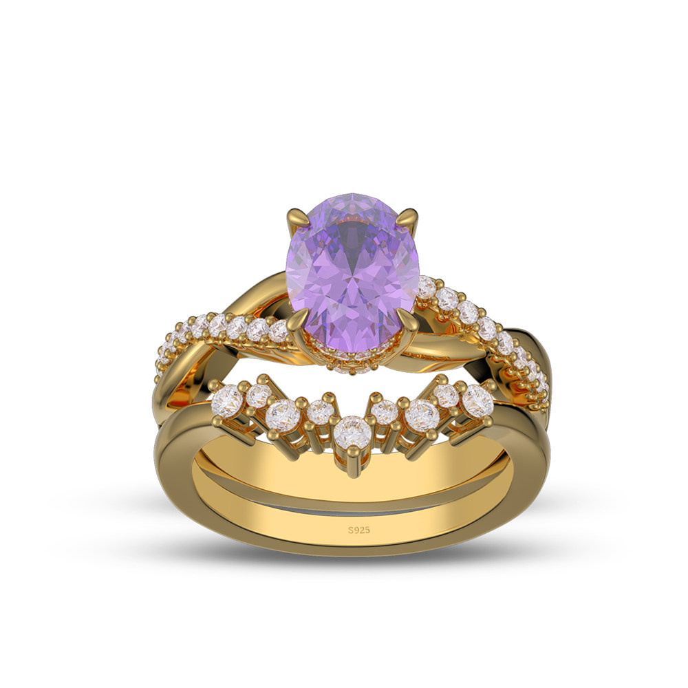 Oval Cut Amethyst Purple Sterling Silver Twisted Bridal Ring Sets