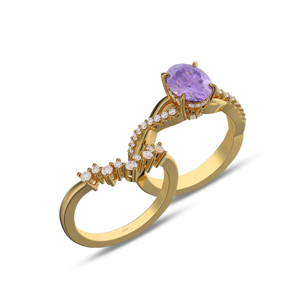 Oval Cut Amethyst Purple Sterling Silver Twisted Bridal Ring Sets