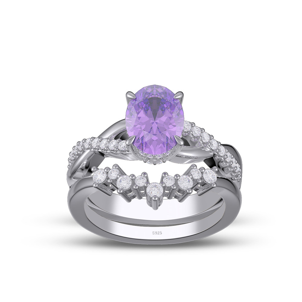 Oval Cut Amethyst Purple Sterling Silver Twisted Bridal Ring Sets