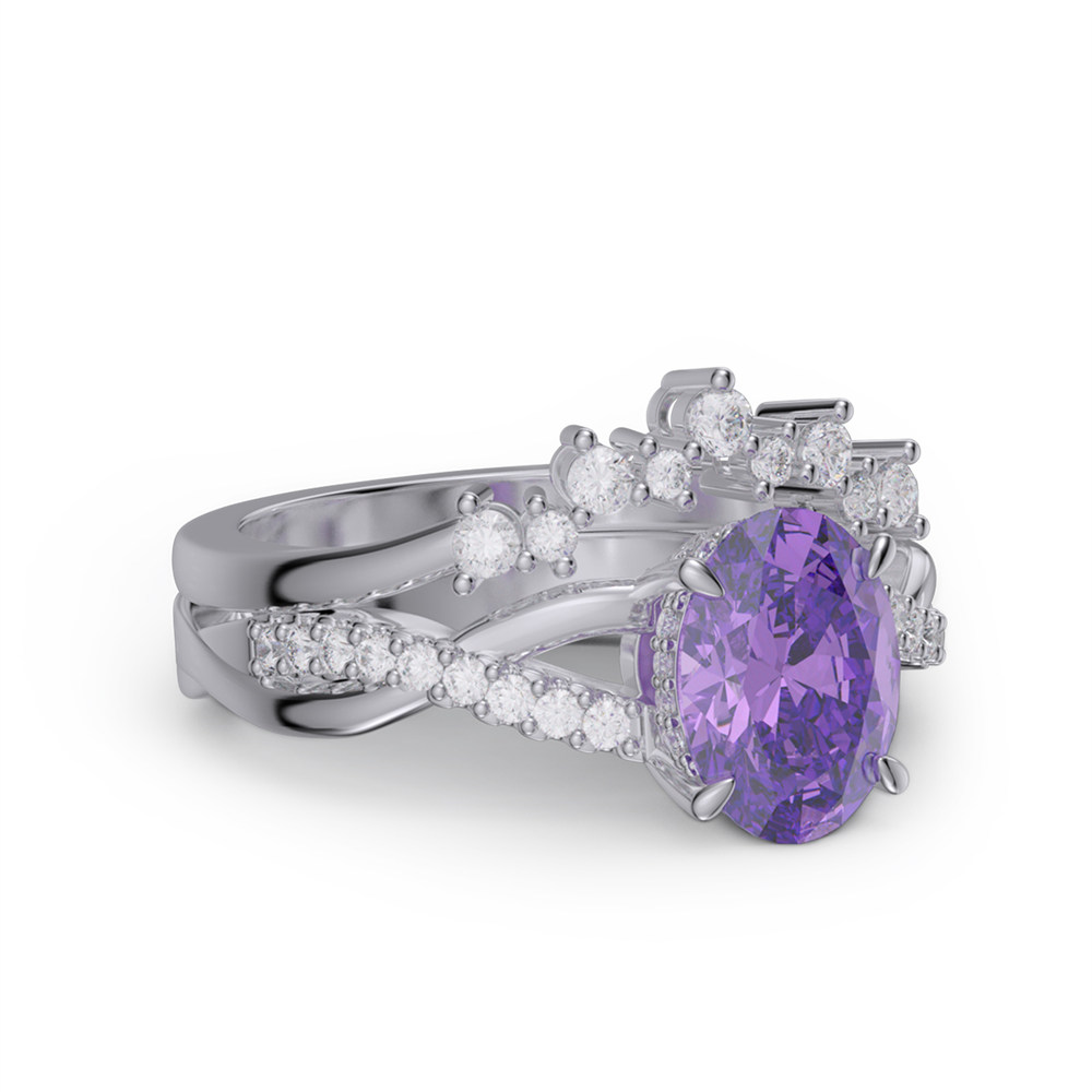 Oval Cut Amethyst Purple Sterling Silver Twisted Bridal Ring Sets