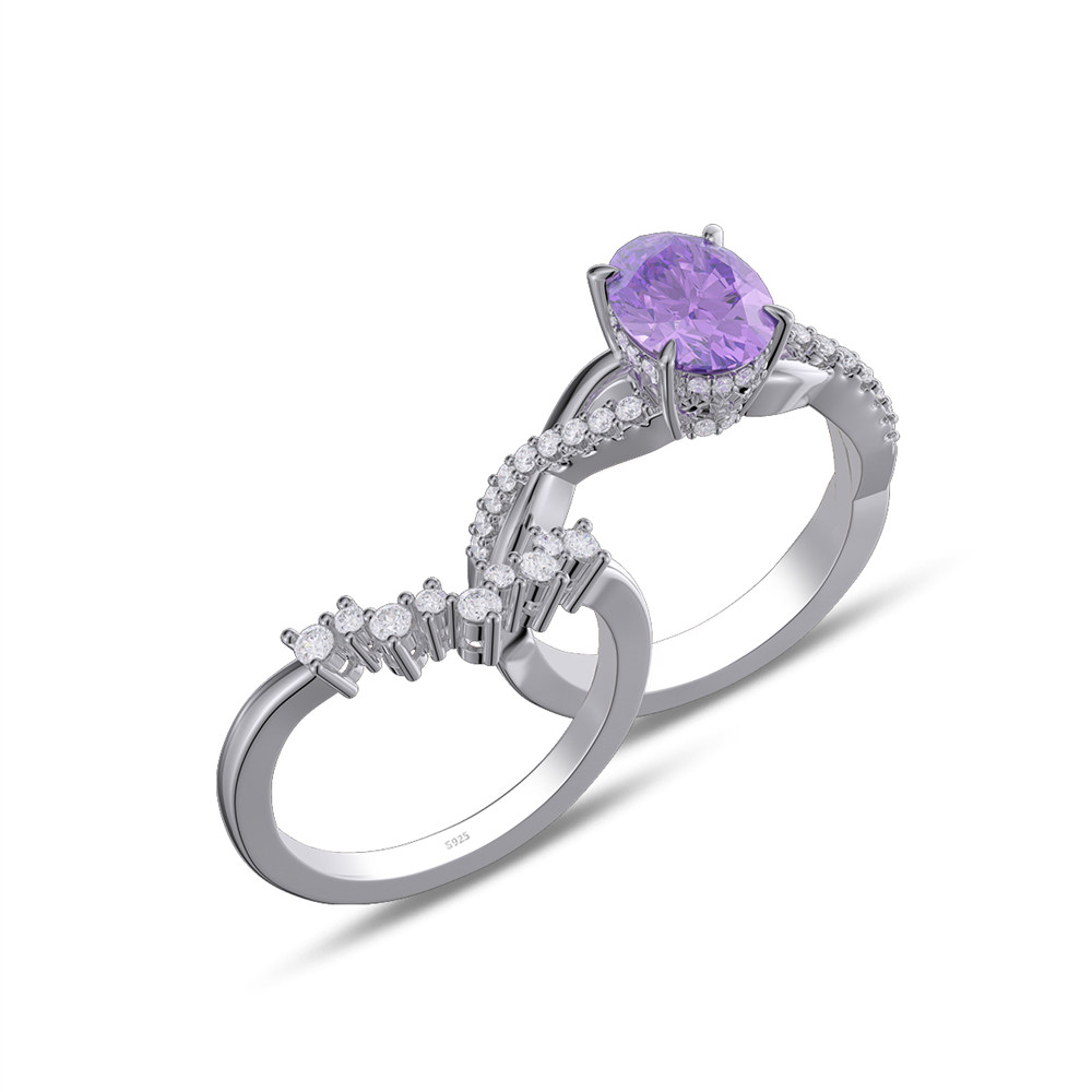 Oval Cut Amethyst Purple Sterling Silver Twisted Bridal Ring Sets