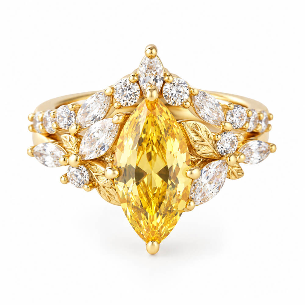 Marquise Cut Citrine Yellow Sterling Silver Leaf Bridal Ring Sets