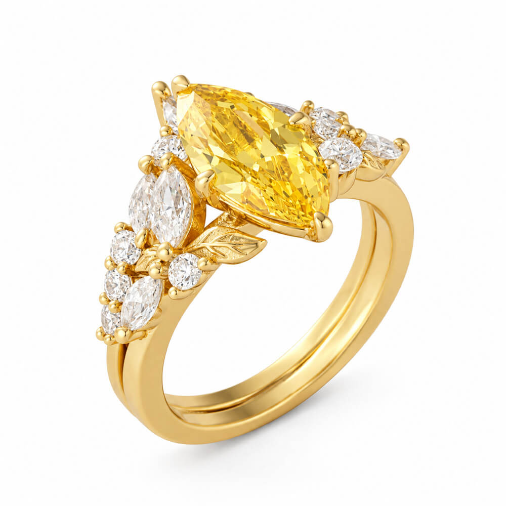 Marquise Cut Citrine Yellow Sterling Silver Leaf Bridal Ring Sets