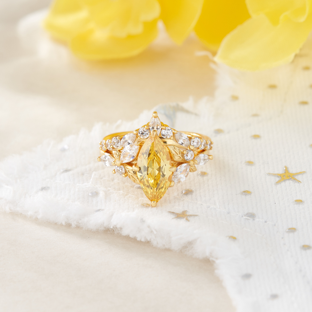Marquise Cut Citrine Yellow Sterling Silver Leaf Bridal Ring Sets