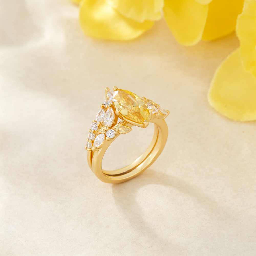Marquise Cut Citrine Yellow Sterling Silver Leaf Bridal Ring Sets