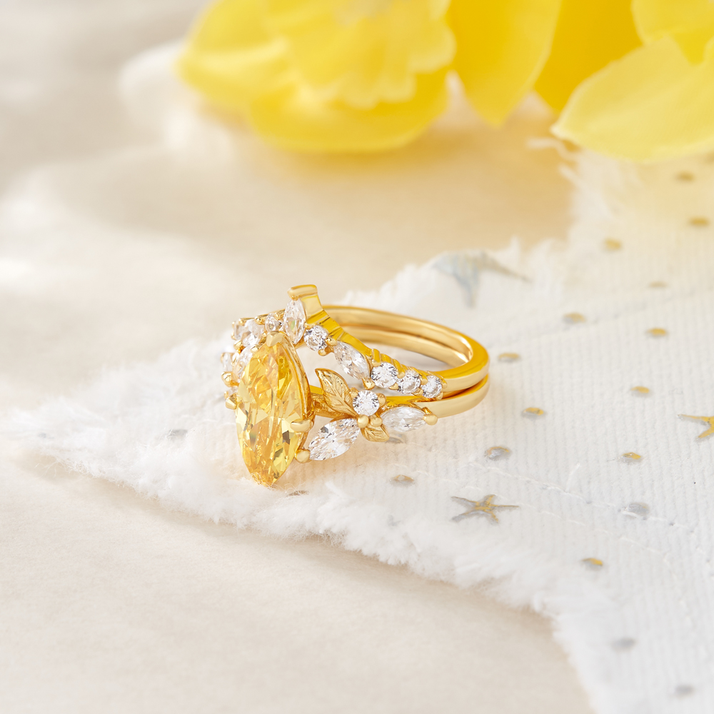 Marquise Cut Citrine Yellow Sterling Silver Leaf Bridal Ring Sets