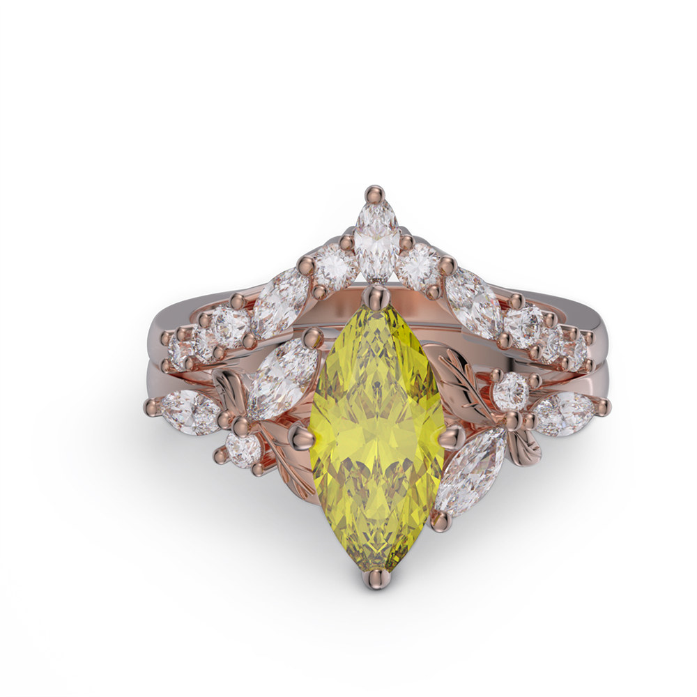 Marquise Cut Citrine Yellow Sterling Silver Leaf Bridal Ring Sets