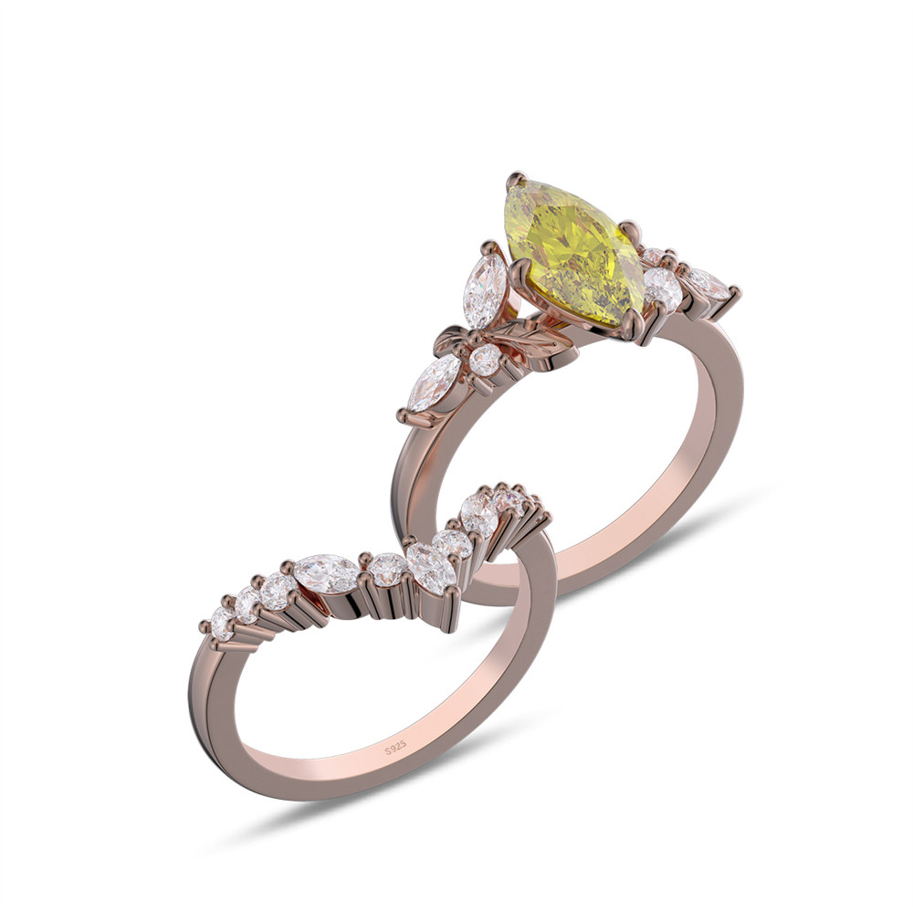 Marquise Cut Citrine Yellow Sterling Silver Leaf Bridal Ring Sets