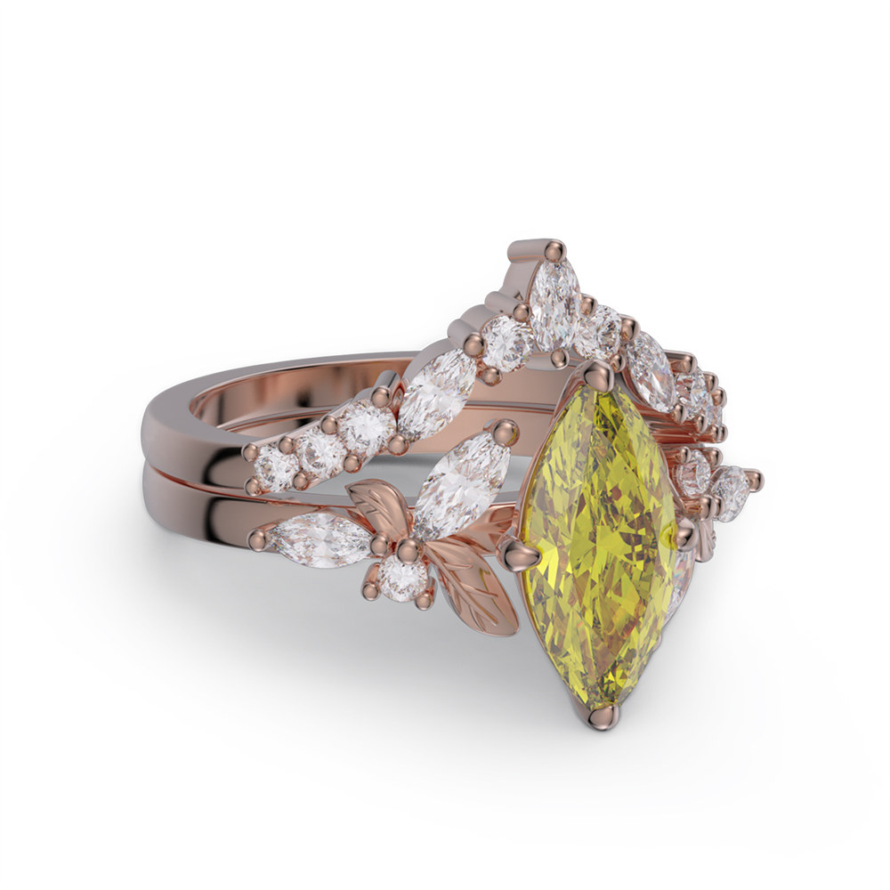 Marquise Cut Citrine Yellow Sterling Silver Leaf Bridal Ring Sets