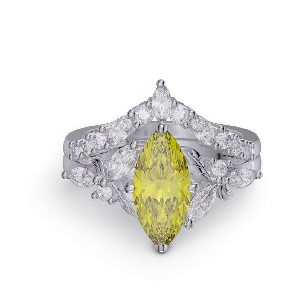 Marquise Cut Citrine Yellow Sterling Silver Leaf Bridal Ring Sets